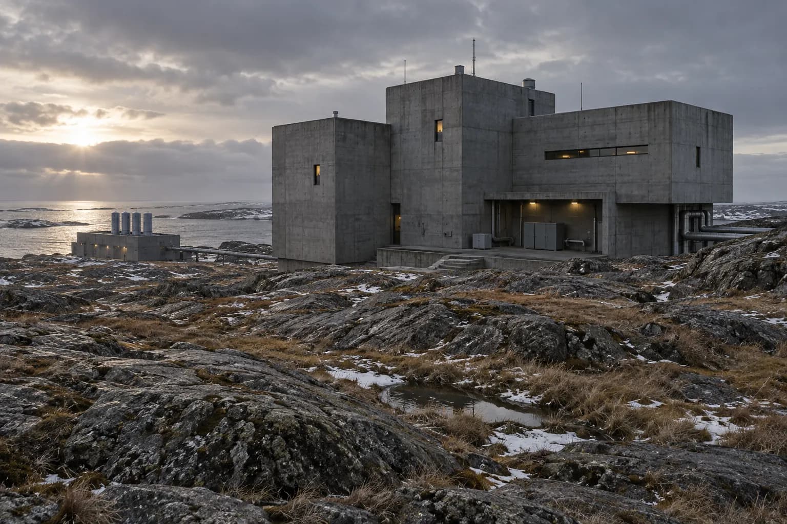 Isolated concrete test habitat with a separate service building on a rocky maritime plateau