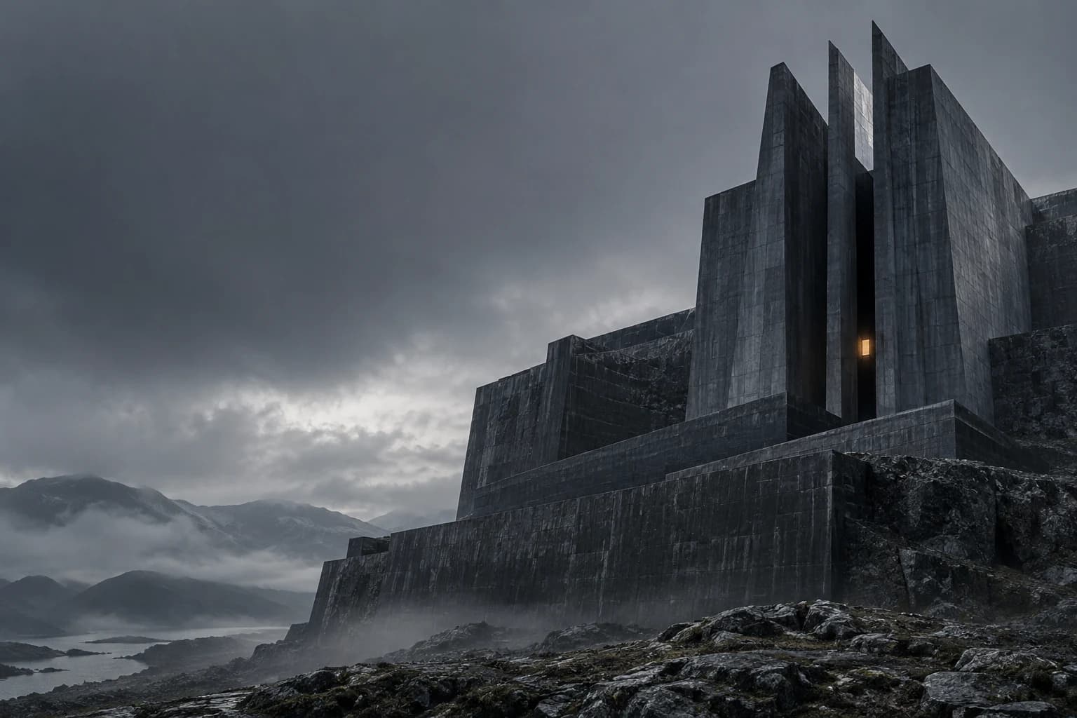 Monumental concrete research facility enclosing a narrow illuminated passage