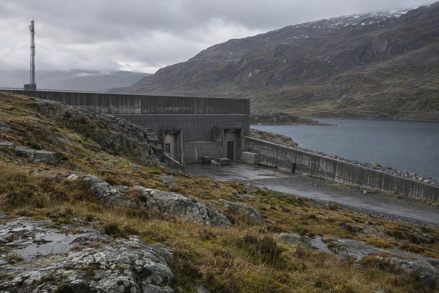 Low concrete recovery archive embedded in a rocky upland beside a reservoir